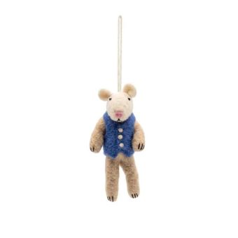 Handcrafted Wool Felt Mouse in Blue Vest Christmas Ornament