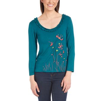 Floral Scoop Neck Teal Full Sleeve Cotton Top