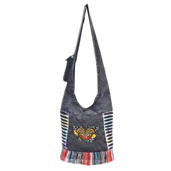Butterfly Embroidery Hippie Hobo Bag Black