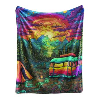Flannel Fleece Hippie Boho Throw Blanket Sunrise Camping Van